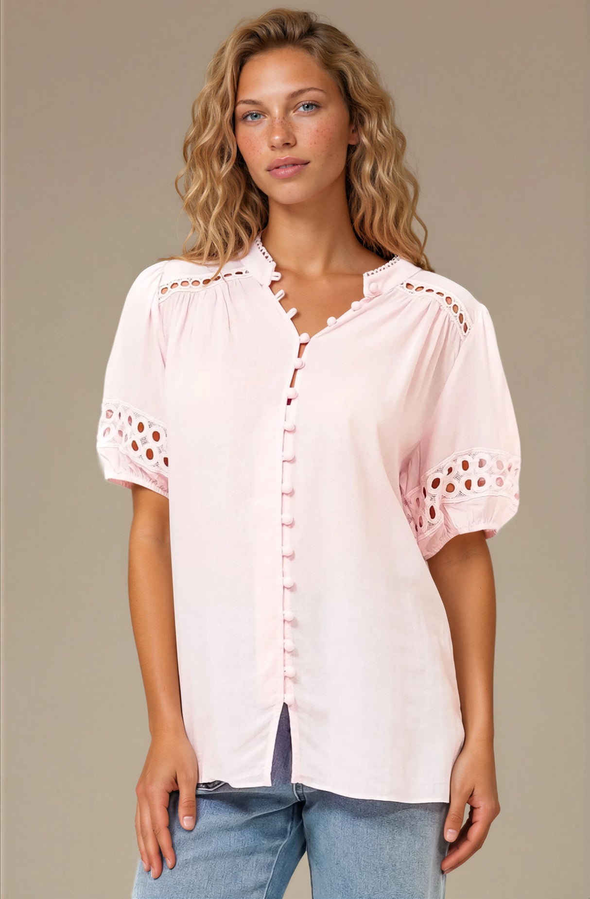 Alenna Shirt - Mandarin Collar Cut Out Detailed Short Sleeve Button Down in Pink