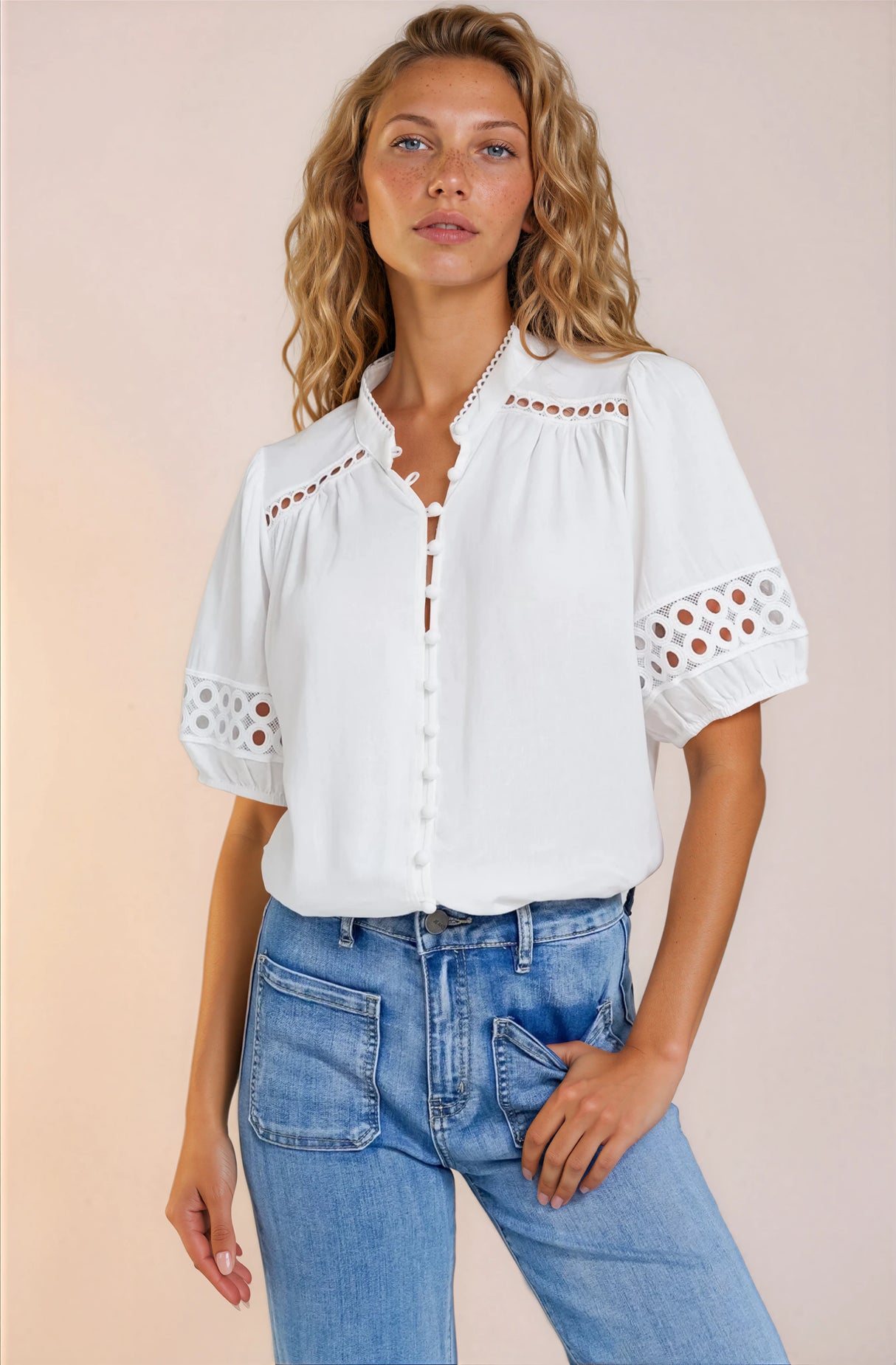 Model wearing Alenna Shirt in White from Salty Crush