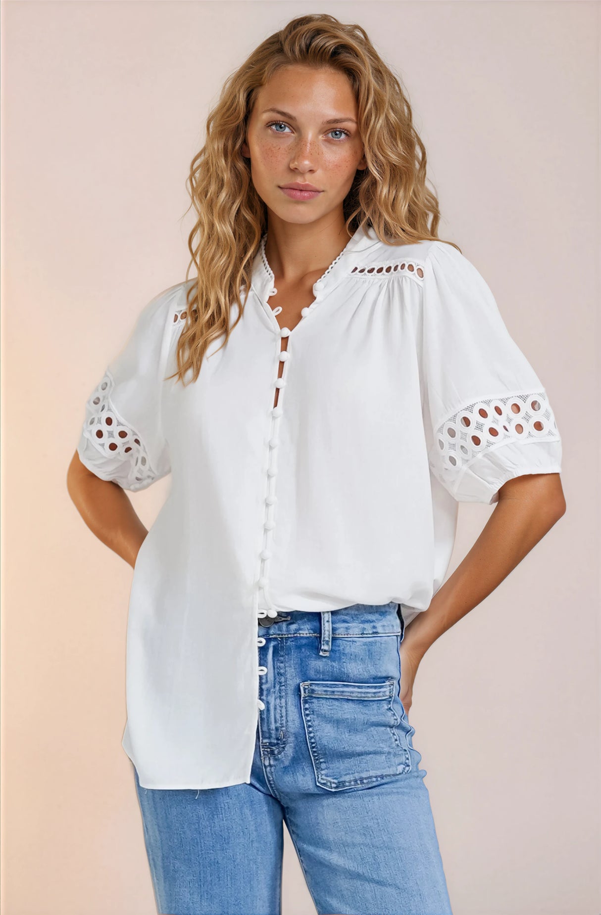 Alenna Shirt - Mandarin Collar Cut Out Detailed Short Sleeve Button Down in White