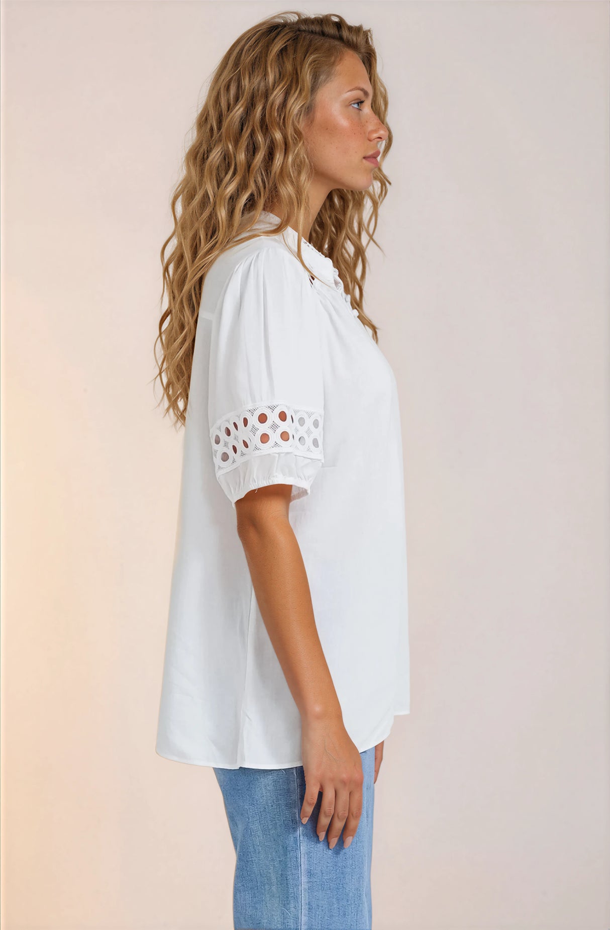 Alenna Shirt - Mandarin Collar Cut Out Detailed Short Sleeve Button Down in White