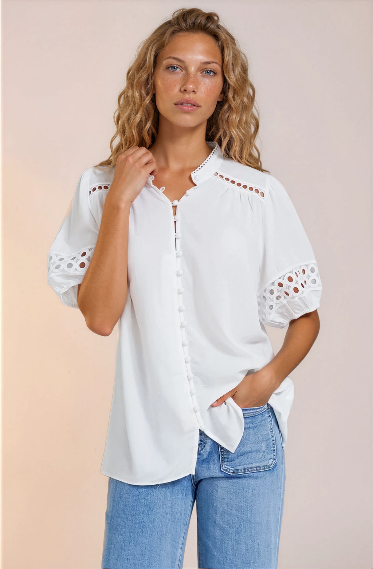 Alenna Shirt - Mandarin Collar Cut Out Detailed Short Sleeve Button Down in White