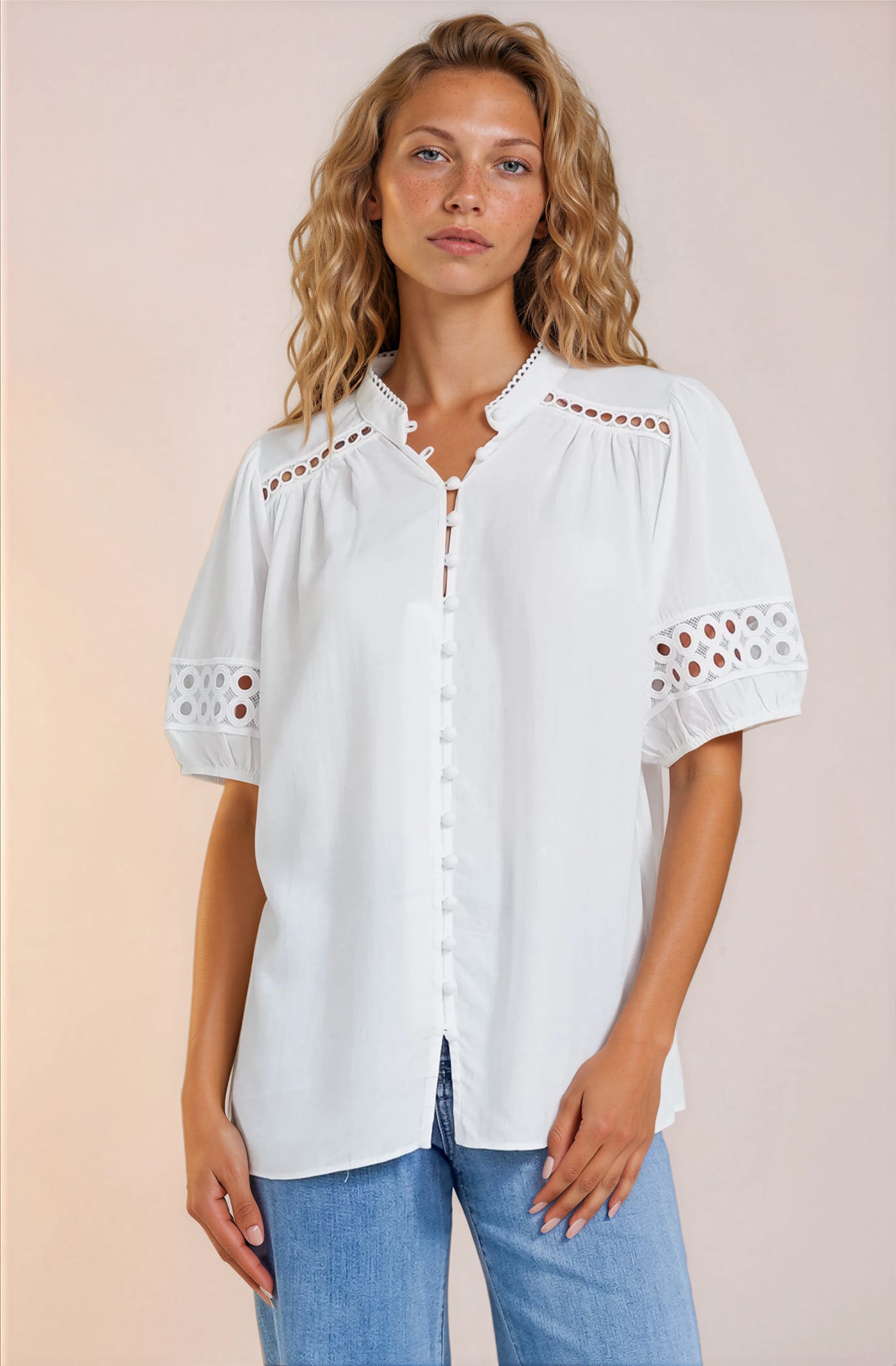 Alenna Shirt - Mandarin Collar Cut Out Detailed Short Sleeve Button Down in White