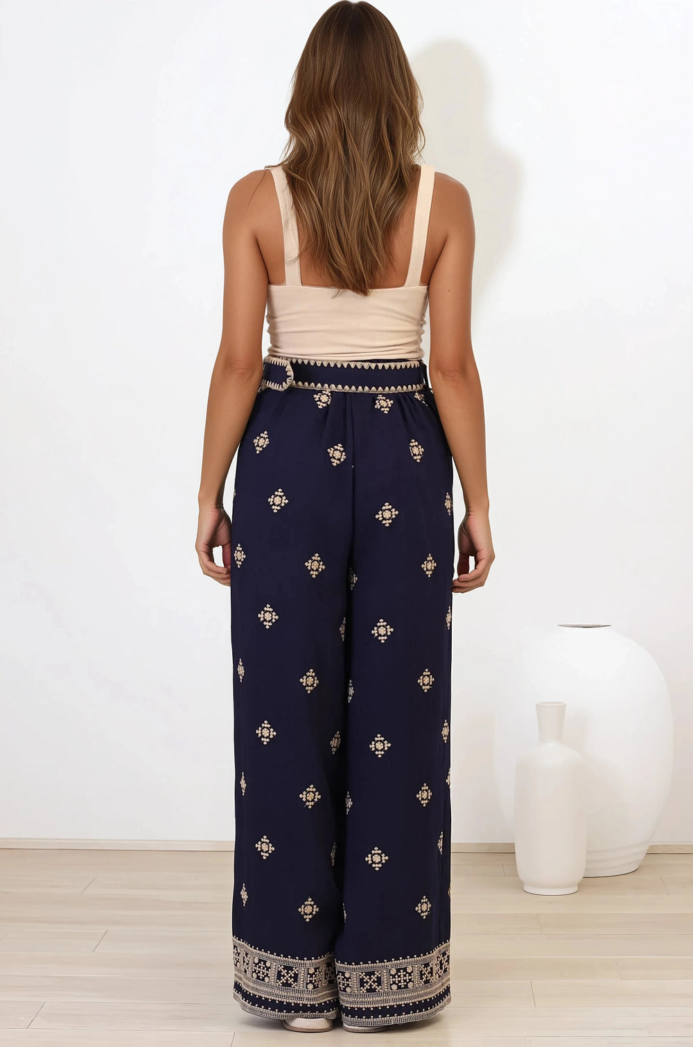 Alesia Pants - High Waisted Embroidered Pants with Belt in Selena Print Navy