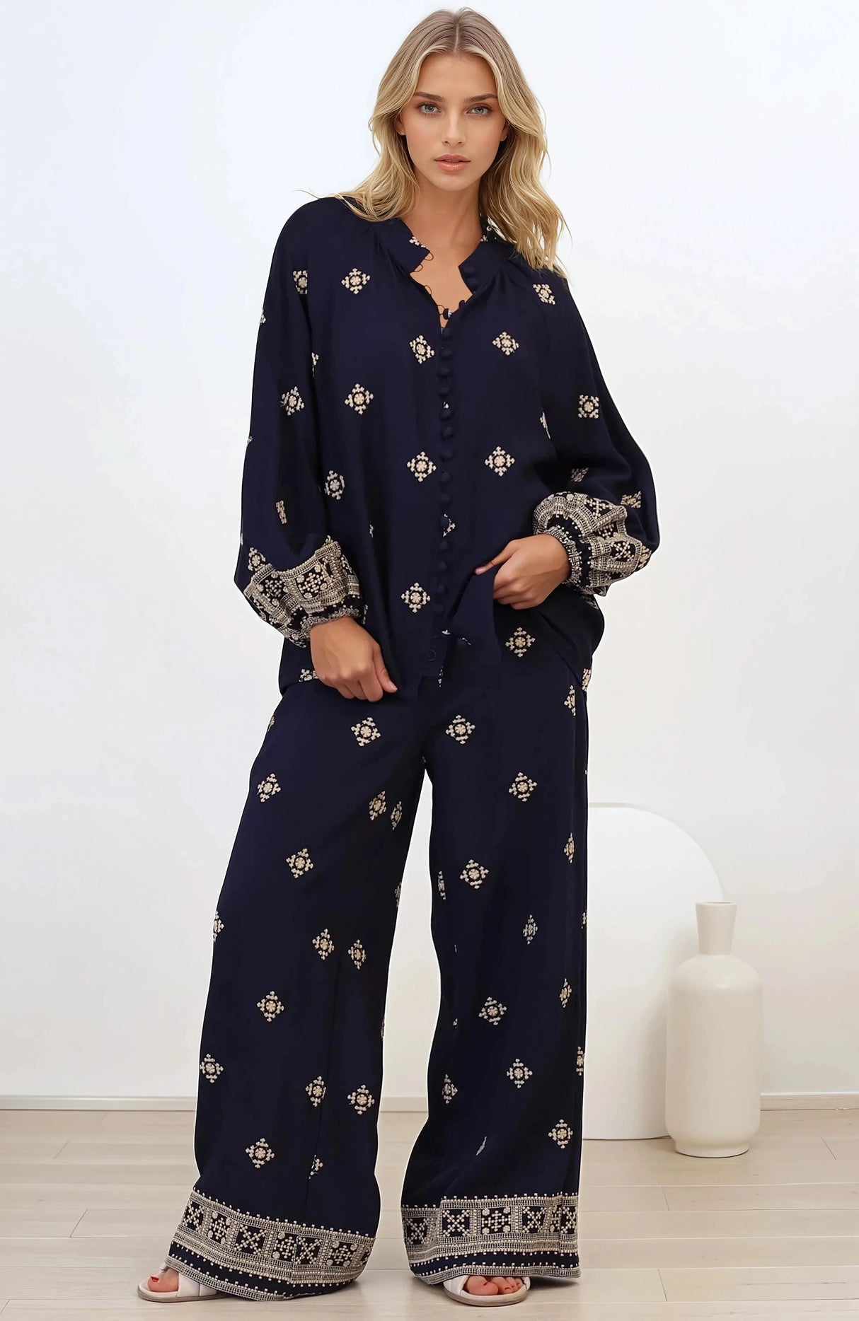 Alexi Blouse - Mandarin Collar Embroidered Button-Down Shirt in Selena Print Navy