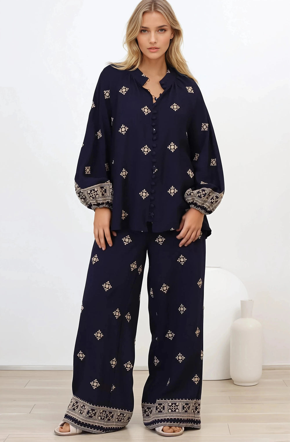 Alexi Blouse - Mandarin Collar Embroidered Button-Down Shirt in Selena Print Navy
