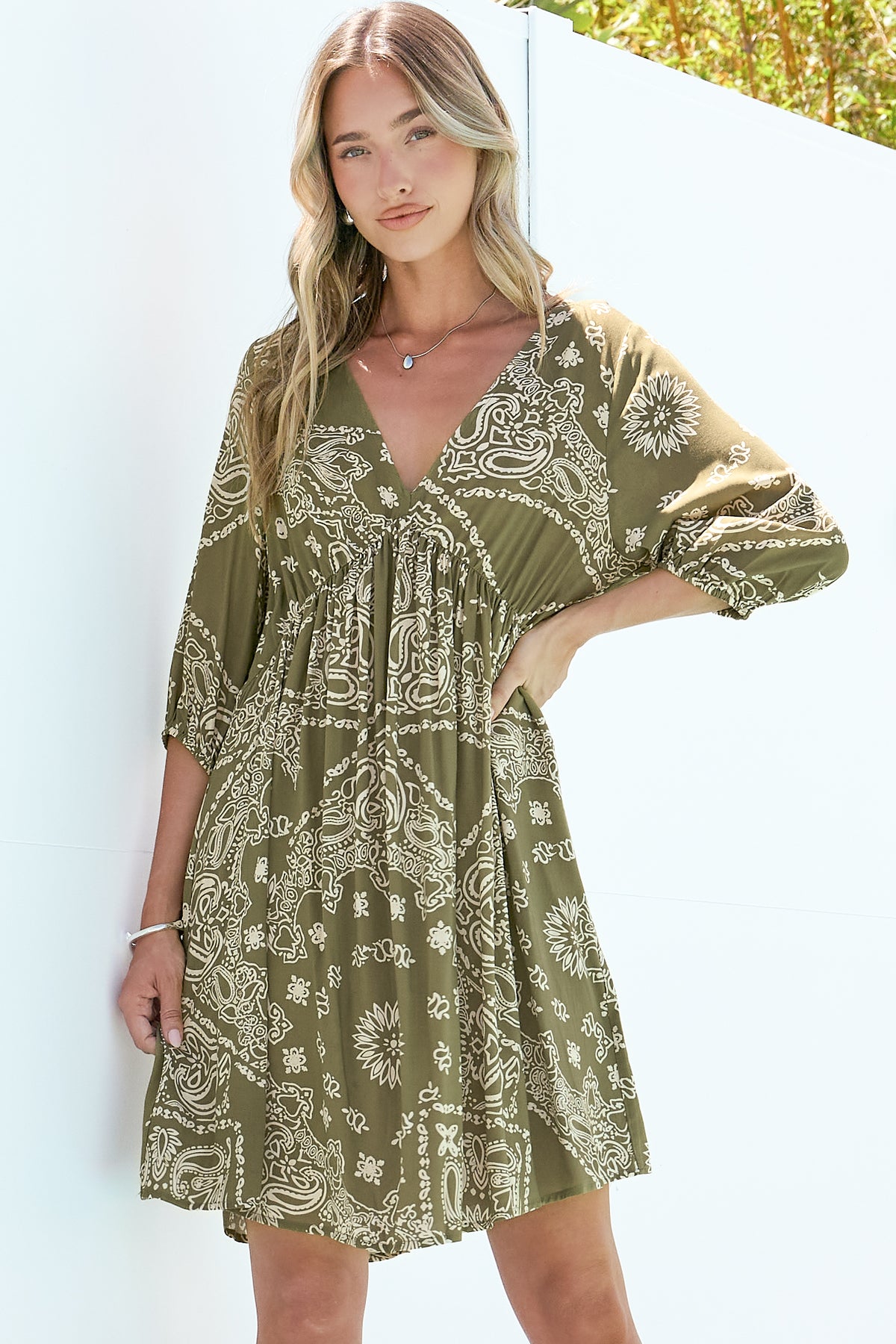 Alessia Mini Dress - Empire Waist Swing Dress with Open Tie Back Detail with Balloon Sleeves in Barley Print Khaki