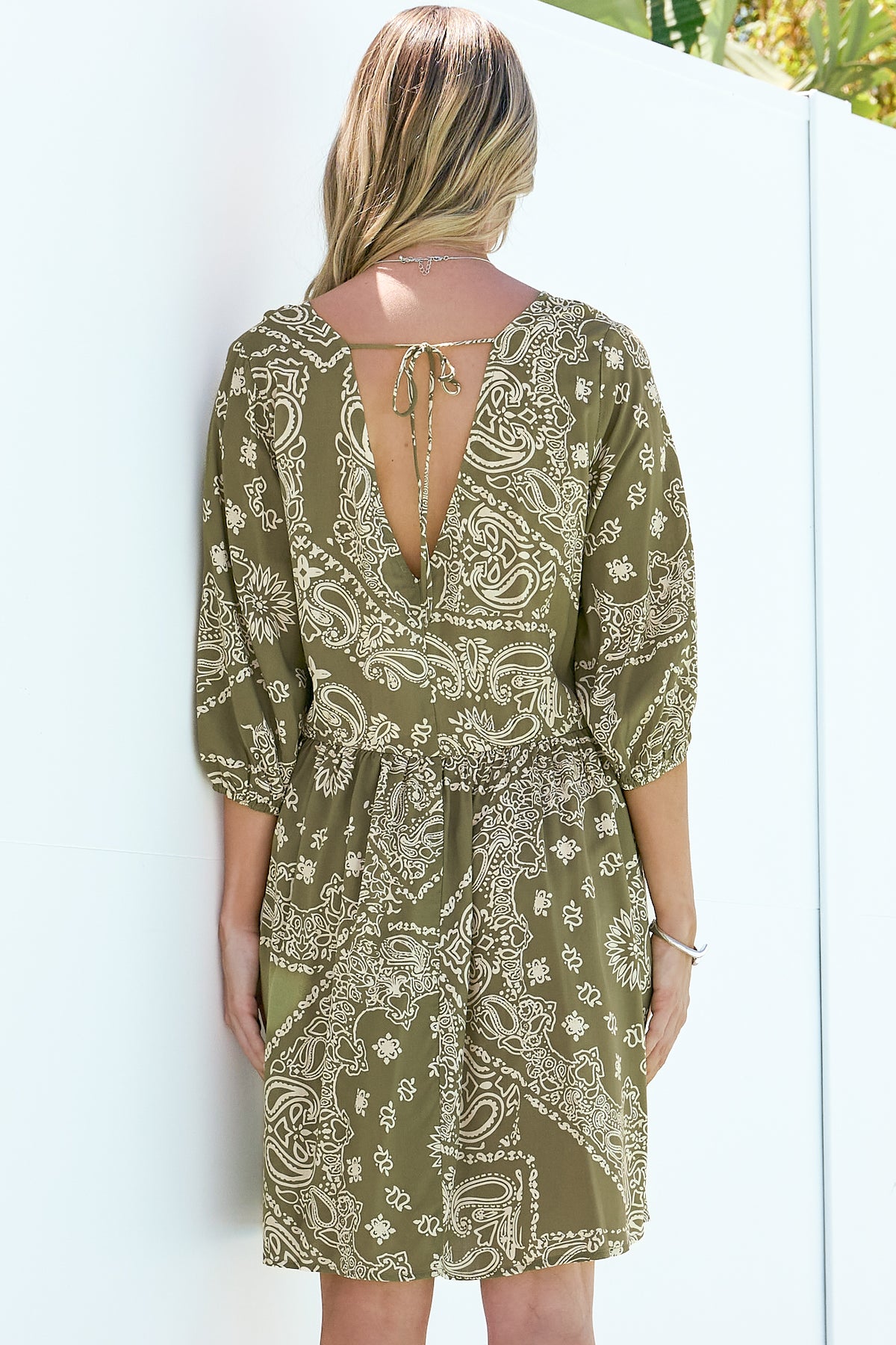 Alessia Mini Dress - Empire Waist Swing Dress with Open Tie Back Detail with Balloon Sleeves in Barley Print Khaki