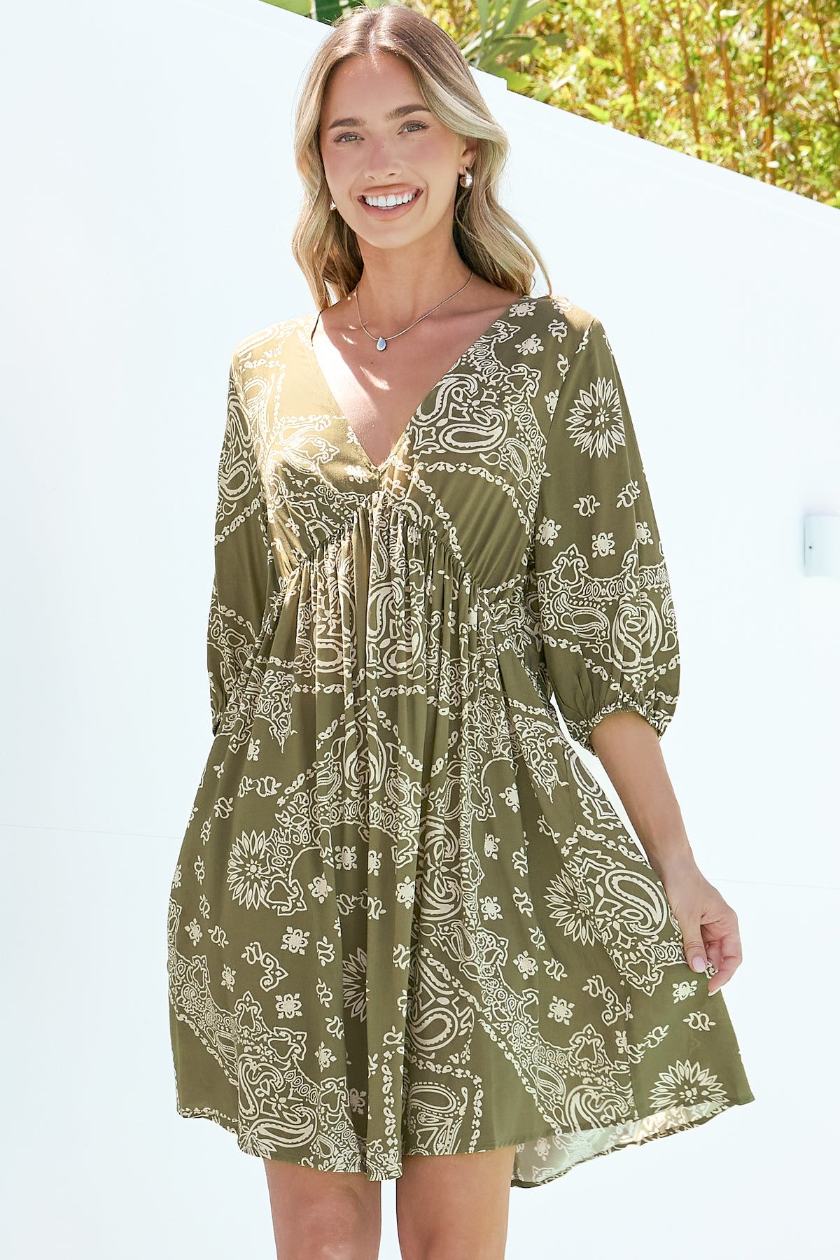 Alessia Mini Dress - Empire Waist Swing Dress with Open Tie Back Detail with Balloon Sleeves in Barley Print Khaki