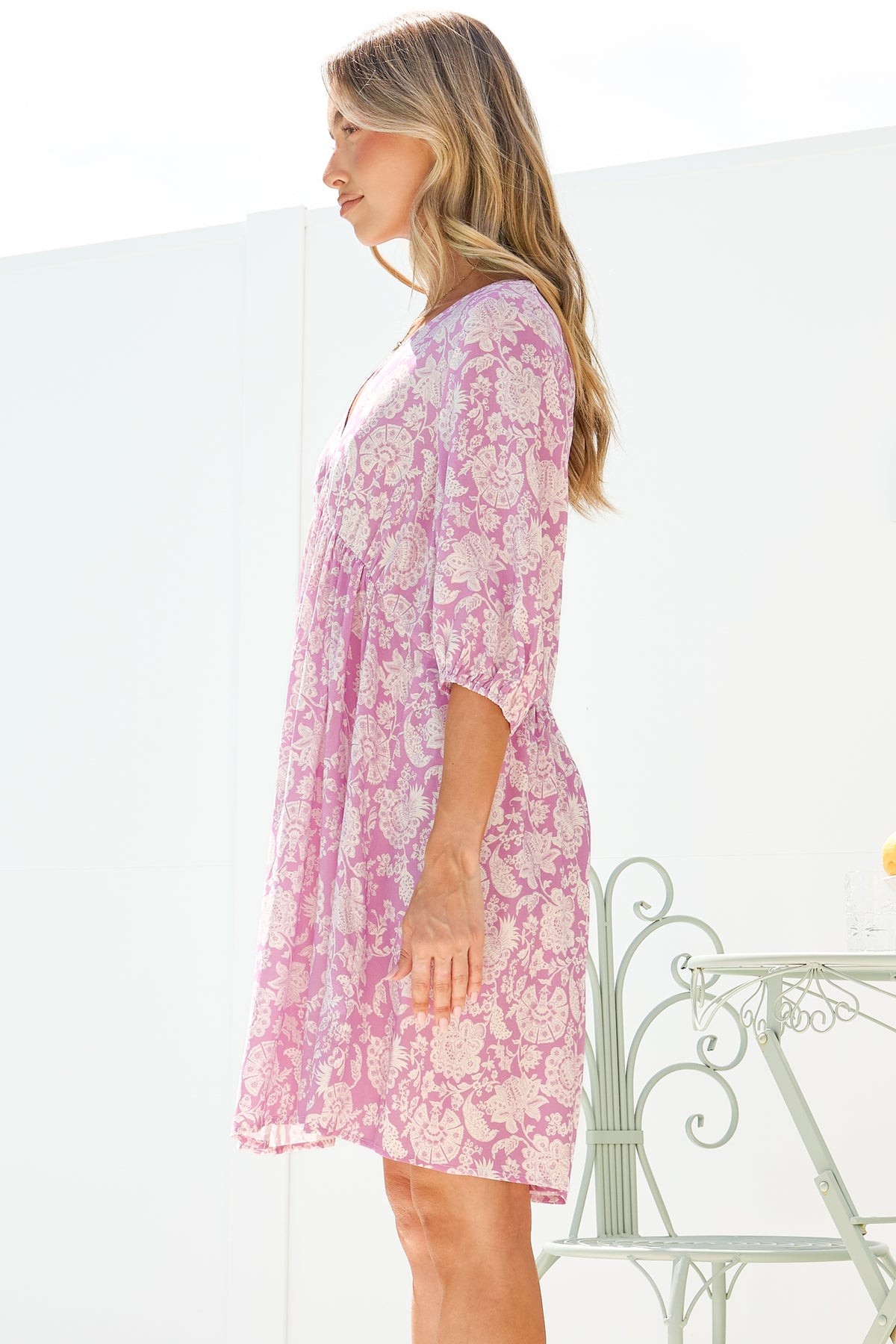 Alessia Mini Dress - Empire Waist Swing Dress with Open Tie Back Detail with Balloon Sleeves in Emmie Print Lilac
