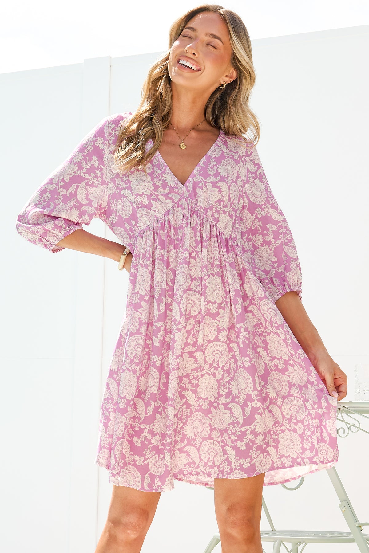 Alessia Mini Dress - Empire Waist Swing Dress with Open Tie Back Detail with Balloon Sleeves in Emmie Print Lilac