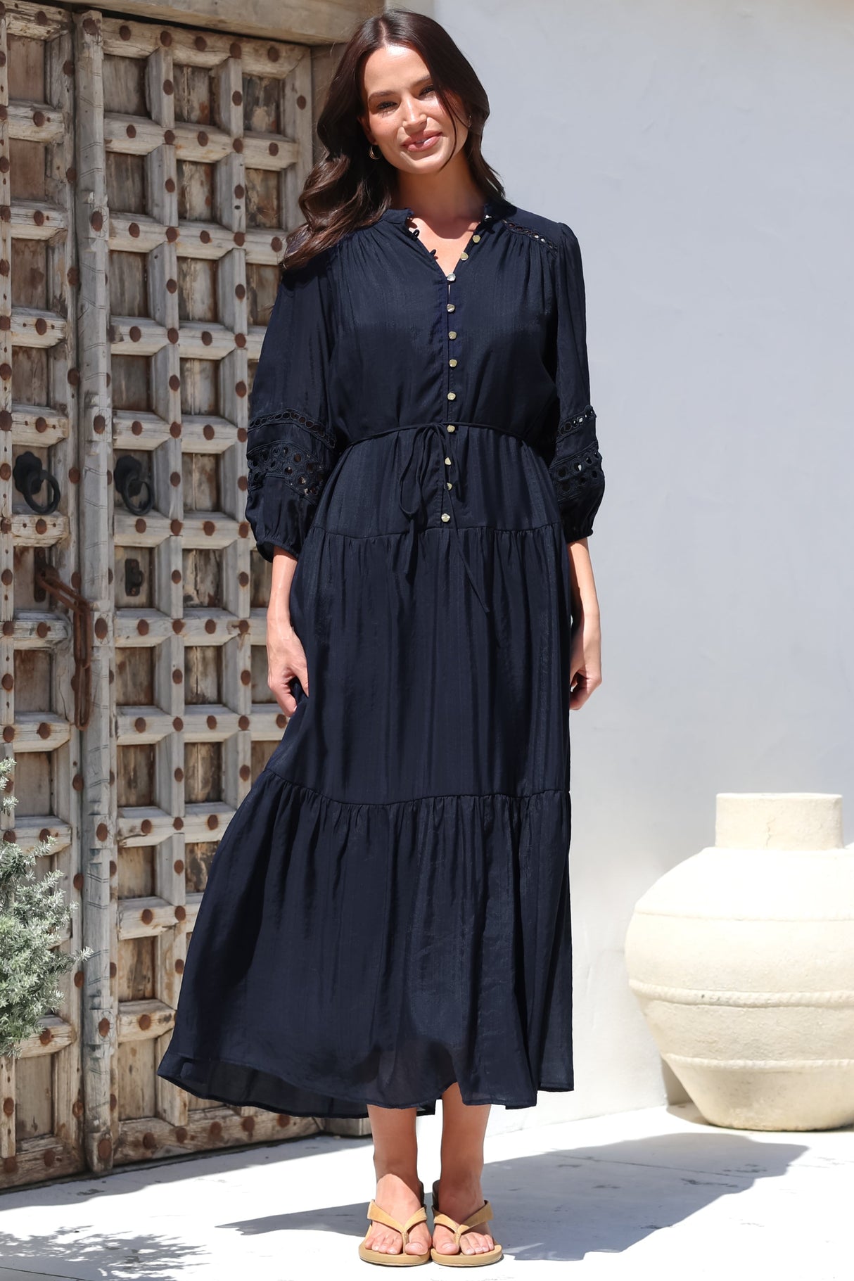 Alexander Maxi Dress - Mandarin Collar Tiered Dress with 3/4 Hollow Out Detailed Sleeves in Navy