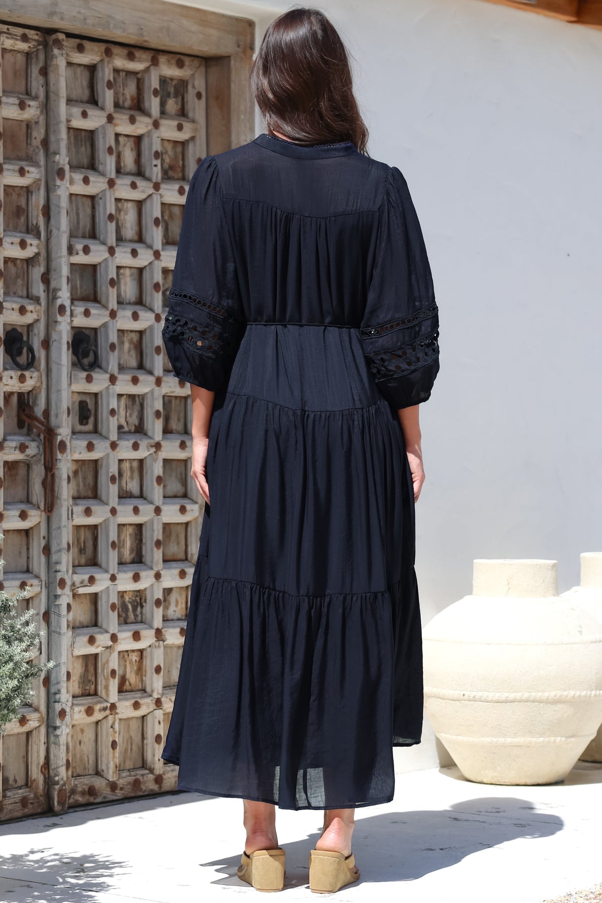 Alexander Maxi Dress - Mandarin Collar Tiered Dress with 3/4 Hollow Out Detailed Sleeves in Navy