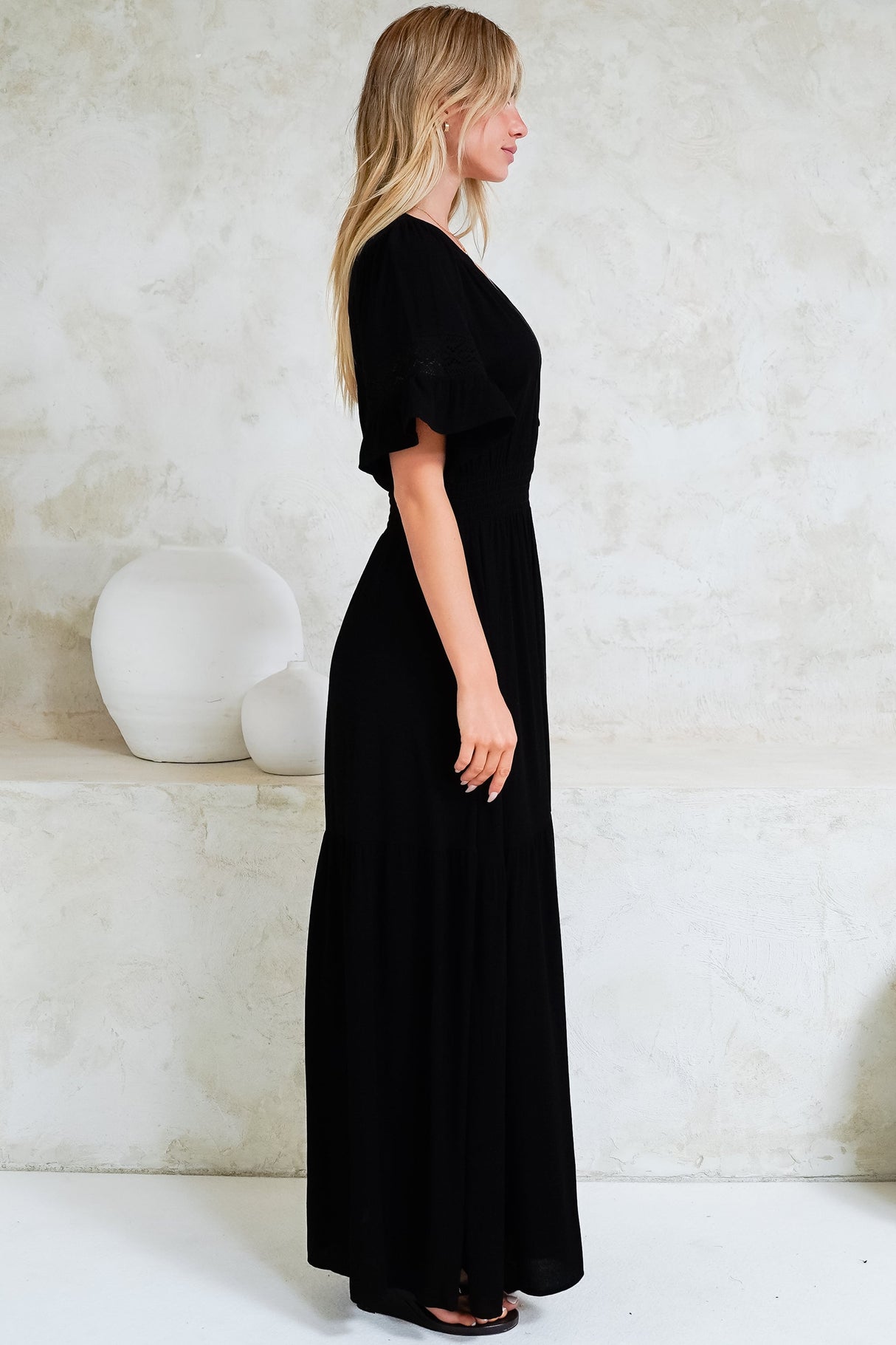 Alexandra Maxi Dress - Delicate Lace Detailed A-Line Dress with Short Sleeves in Black