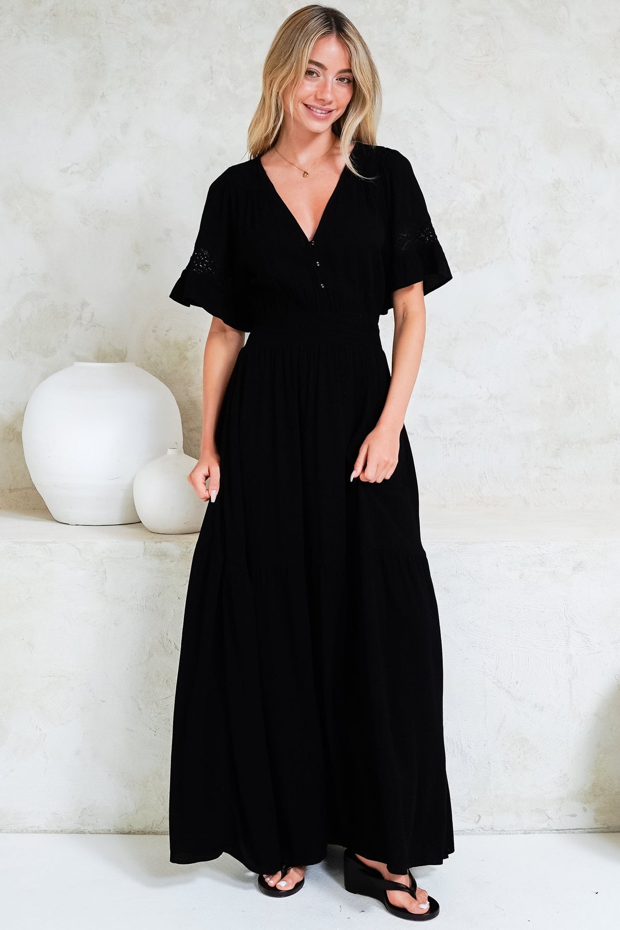 Alexandra Maxi Dress - Delicate Lace Detailed A-Line Dress with Short Sleeves in Black