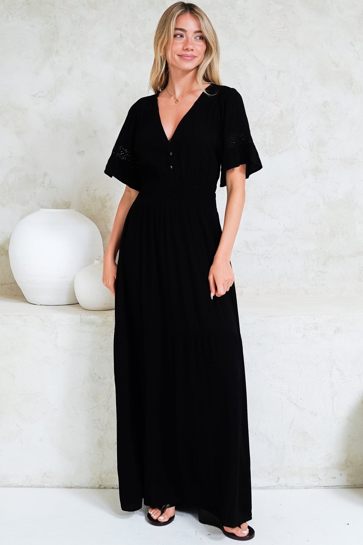 Alexandra Maxi Dress - Delicate Lace Detailed A-Line Dress with Short Sleeves in Black