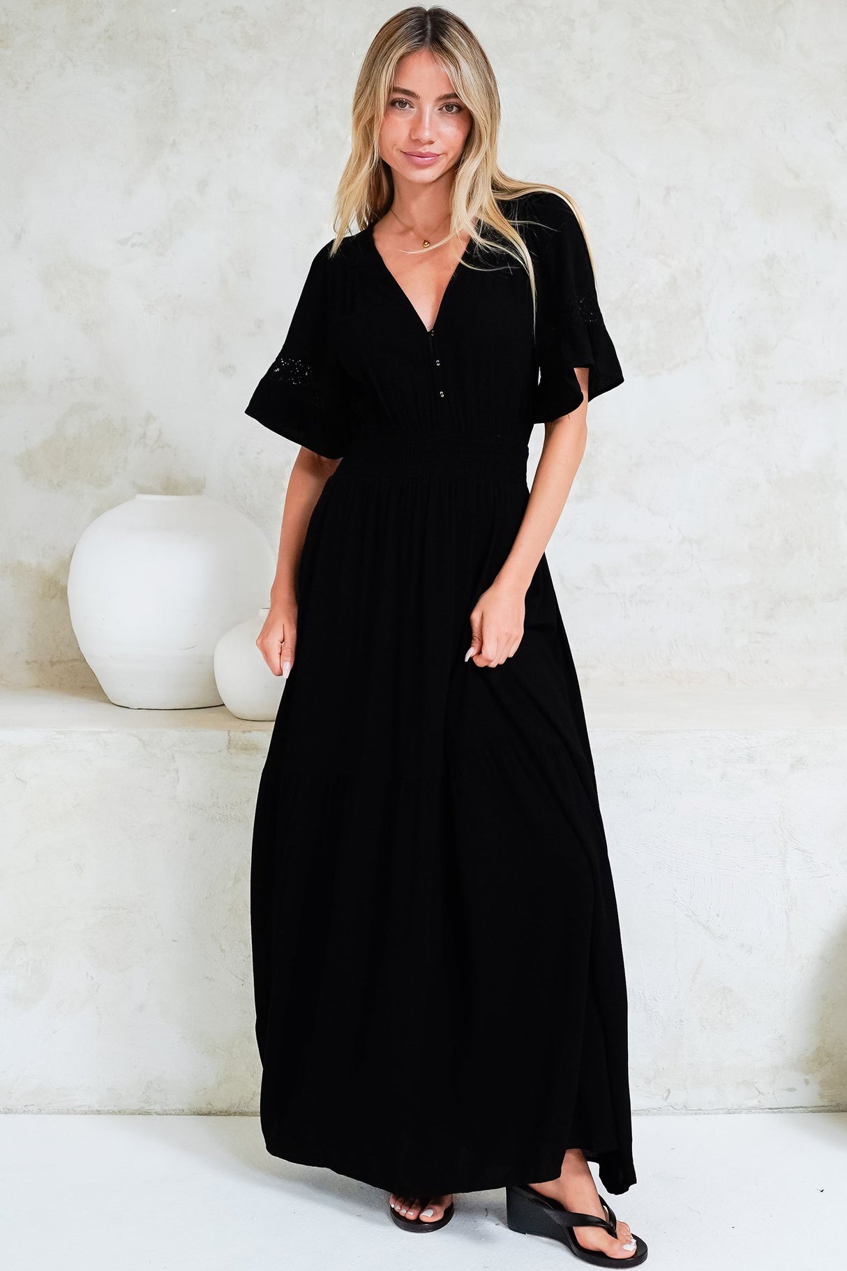 Alexandra Maxi Dress - Delicate Lace Detailed A-Line Dress with Short Sleeves in Black
