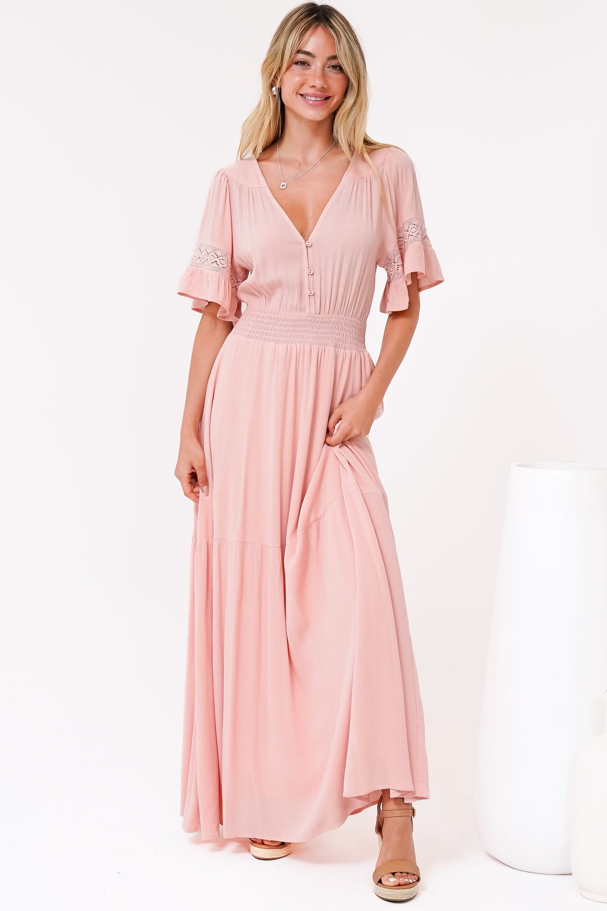 Alexandra Maxi Dress - Delicate Lace Detailed A-Line Dress with Short Sleeves in Blush