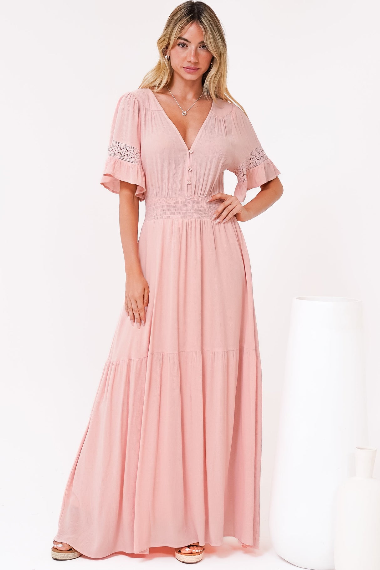 Alexandra Maxi Dress - Delicate Lace Detailed A-Line Dress with Short Sleeves in Blush