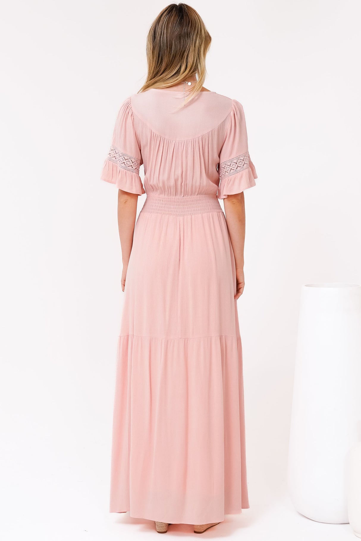 Alexandra Maxi Dress - Delicate Lace Detailed A-Line Dress with Short Sleeves in Blush