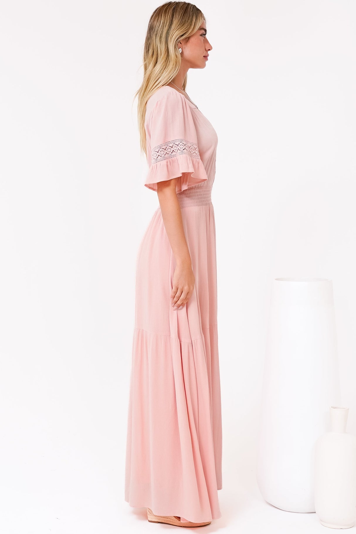 Alexandra Maxi Dress - Delicate Lace Detailed A-Line Dress with Short Sleeves in Blush