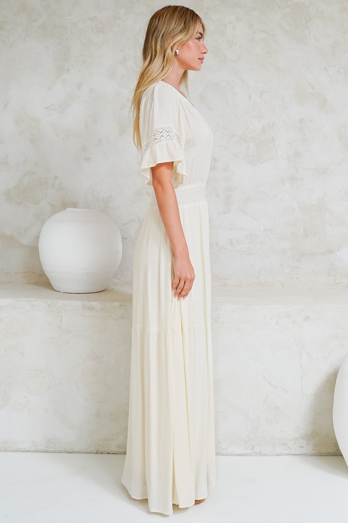 Alexandra Maxi Dress - Delicate Lace Detailed A-Line Dress with Short Sleeves in Cream