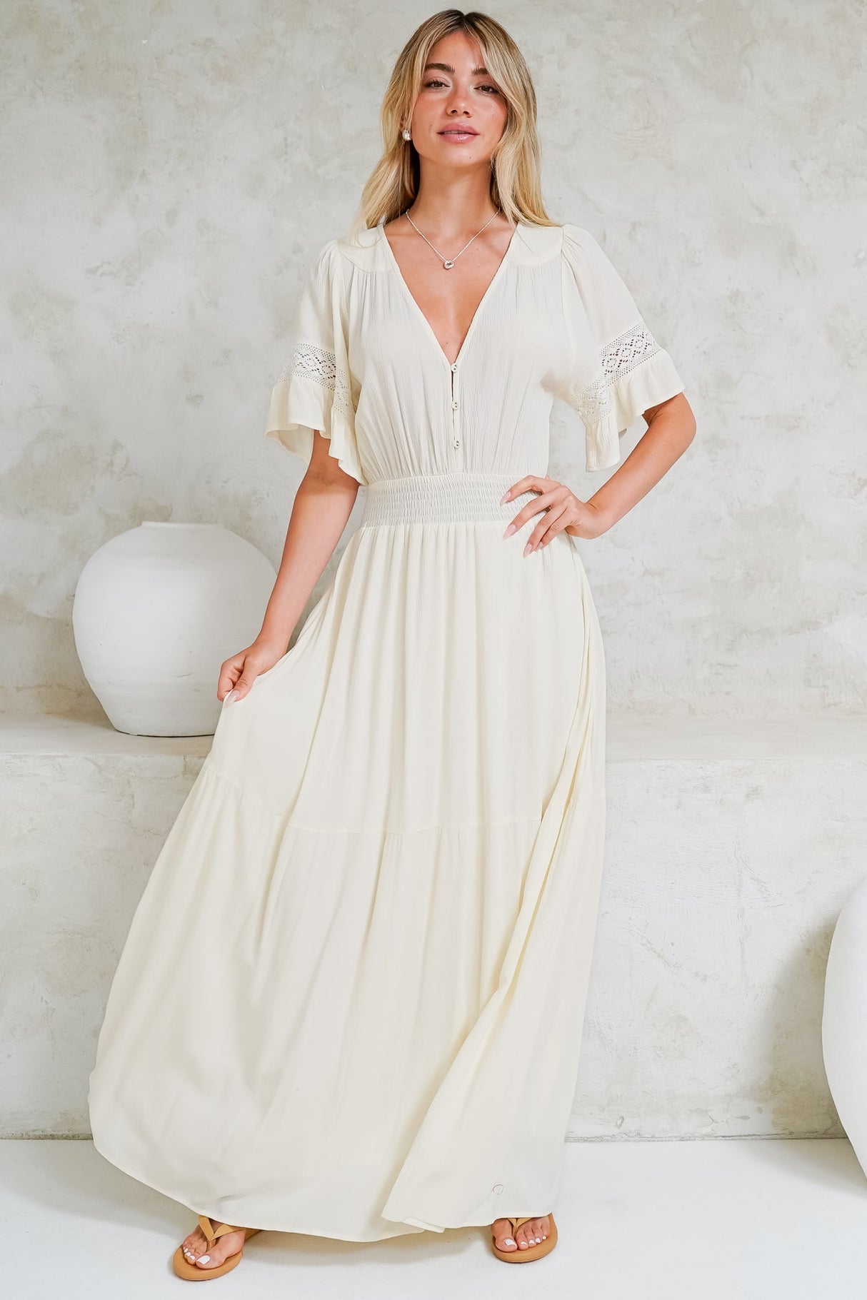 Alexandra Maxi Dress - Delicate Lace Detailed A-Line Dress with Short Sleeves in Cream