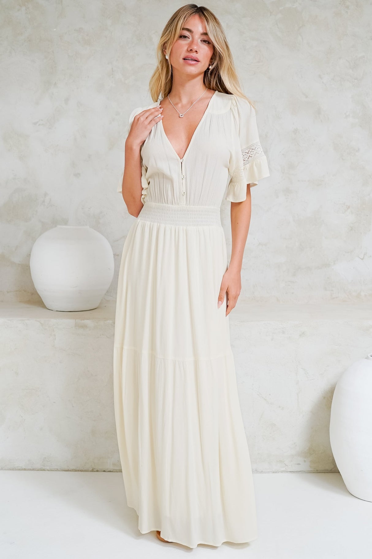 Alexandra Maxi Dress - Delicate Lace Detailed A-Line Dress with Short Sleeves in Cream