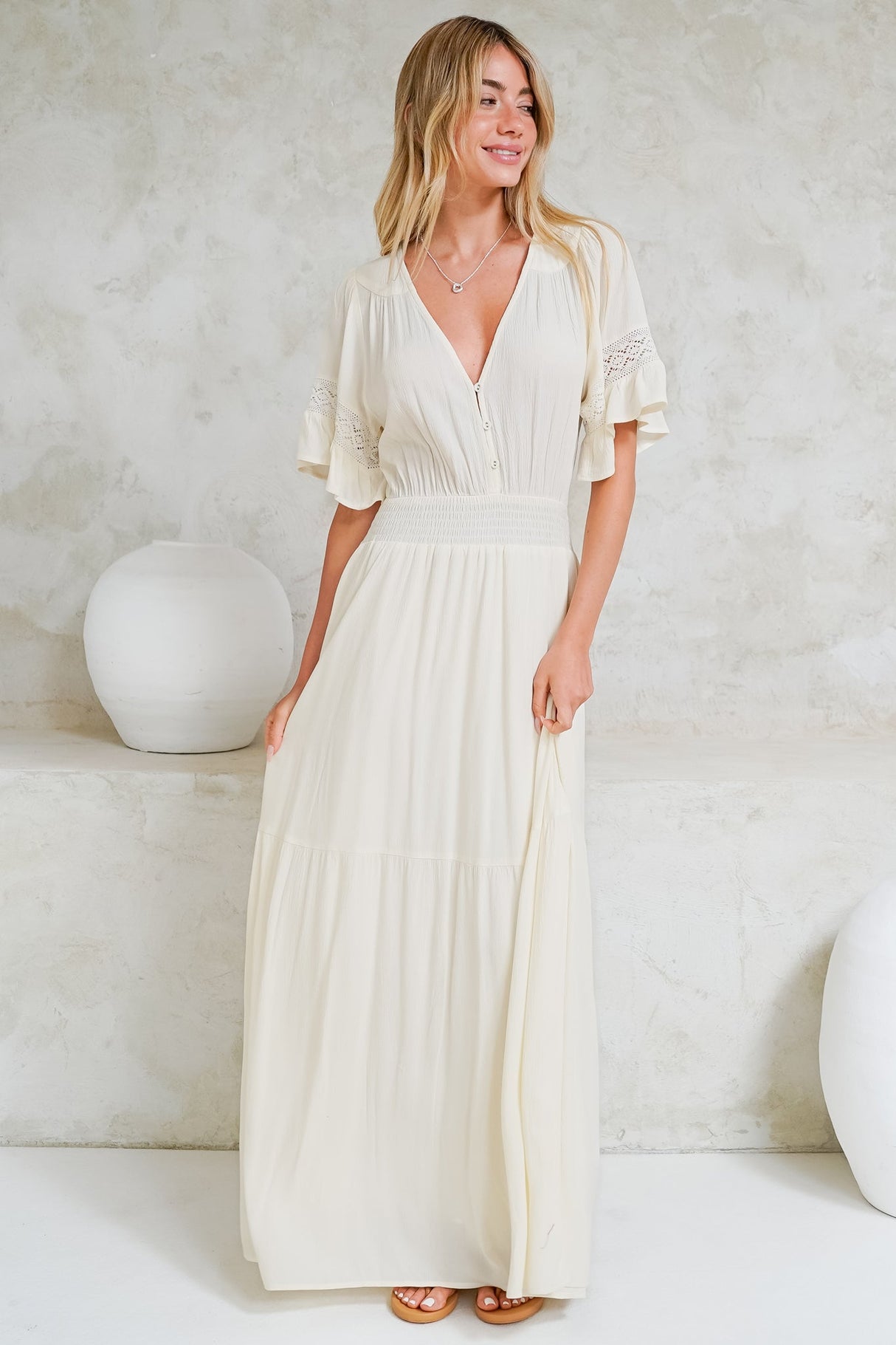 Alexandra Maxi Dress - Delicate Lace Detailed A-Line Dress with Short Sleeves in Cream