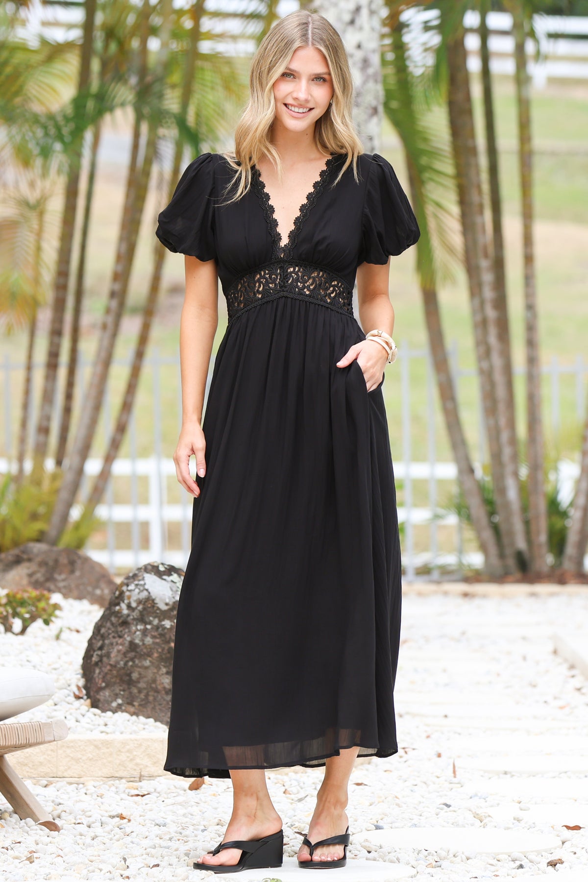 Alexis Midi Dress - Lace Trim V-Neck A-Line Dress with Pockets in Black