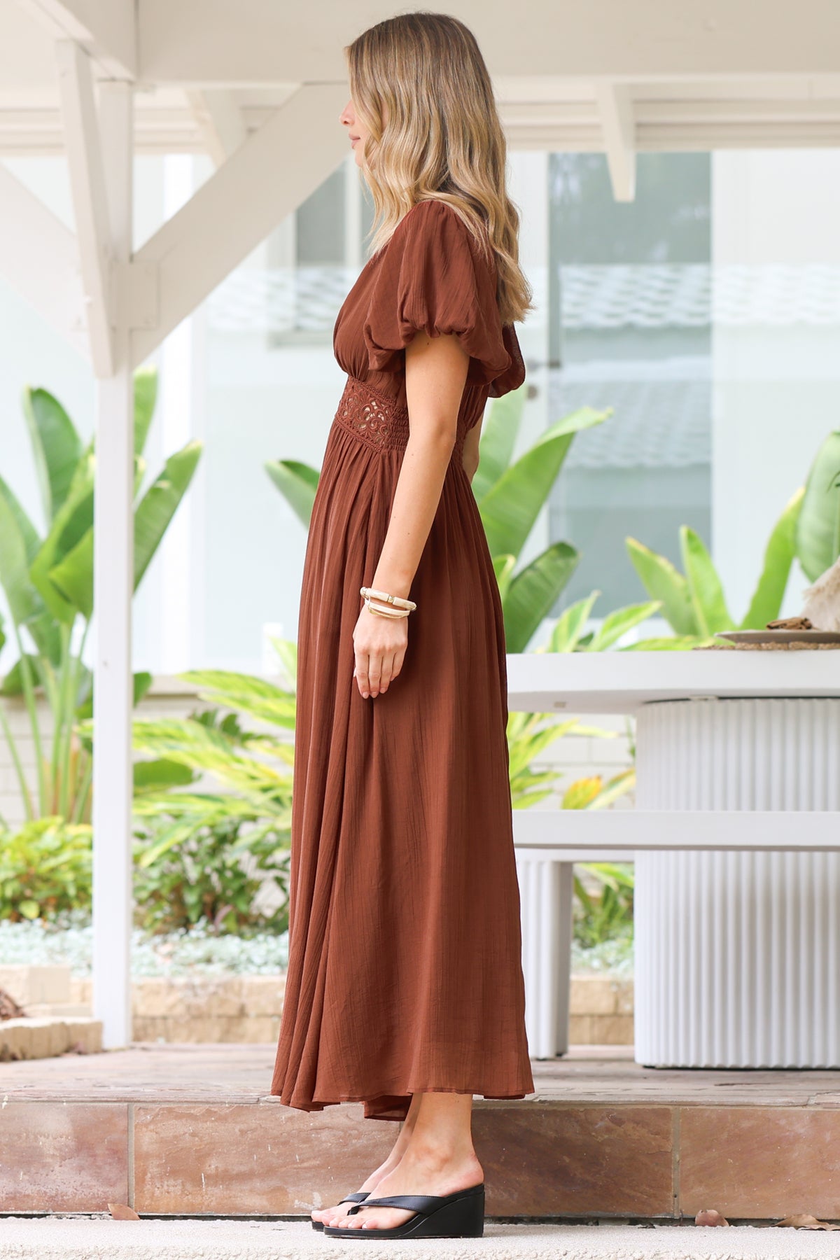 Alexis Midi Dress - Lace Trim V-Neck A-Line Dress with Pockets in Rust