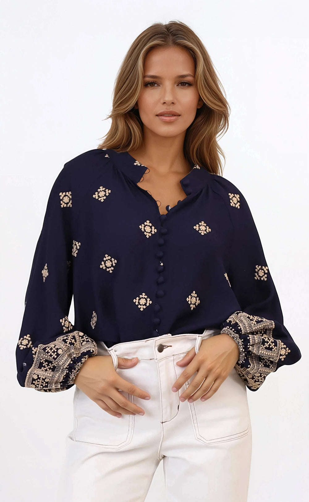 Alexi Blouse - Mandarin Collar Embroidered Button-Down Shirt in Selena Print Navy