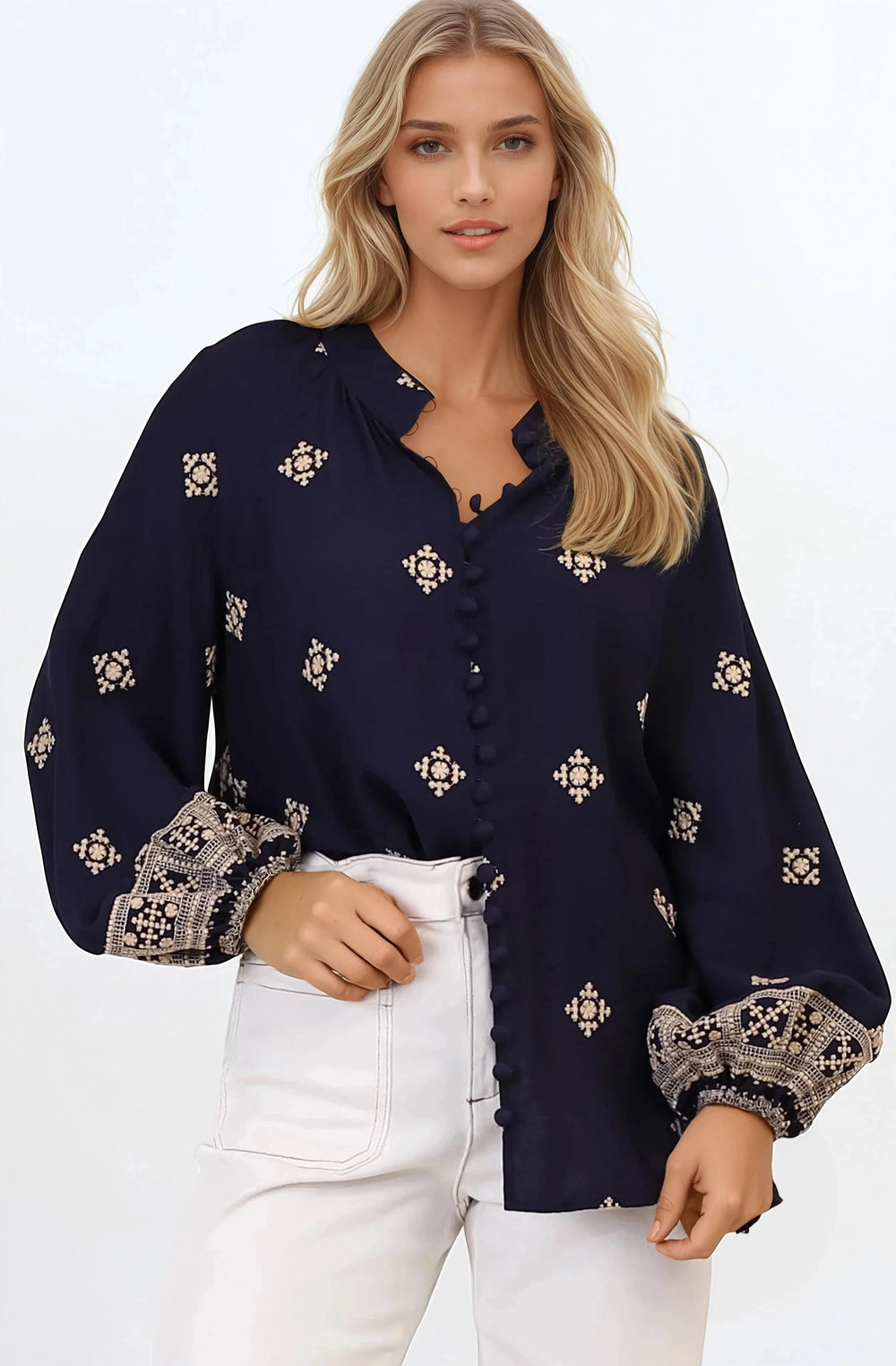 Alexi Blouse - Mandarin Collar Embroidered Button-Down Shirt in Selena Print Navy