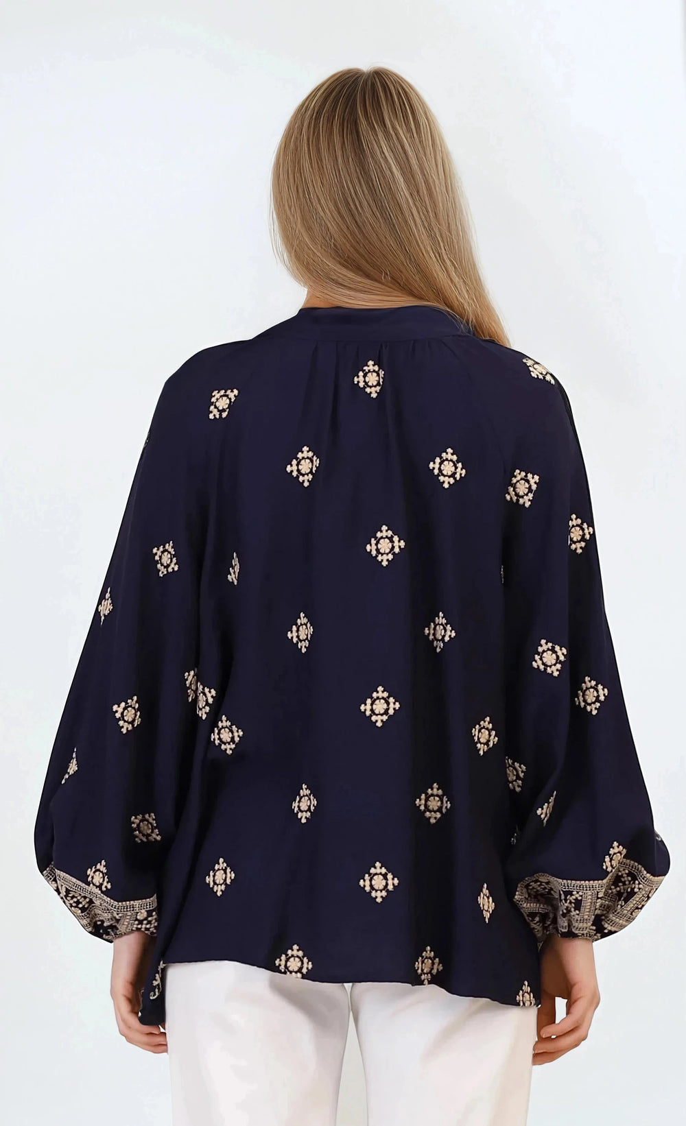 Alexi Blouse - Mandarin Collar Embroidered Button-Down Shirt in Selena Print Navy