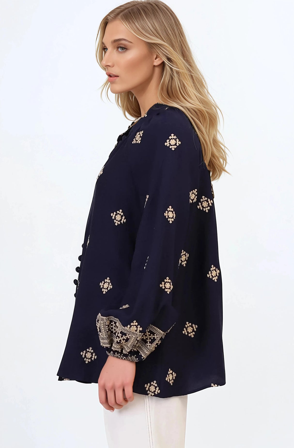 Alexi Blouse - Mandarin Collar Embroidered Button-Down Shirt in Selena Print Navy