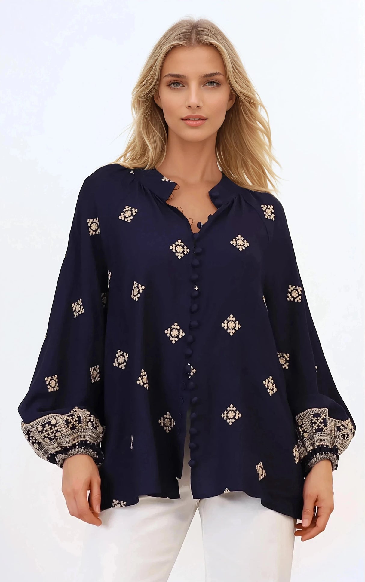 Alexi Blouse - Mandarin Collar Embroidered Button-Down Shirt in Selena Print Navy