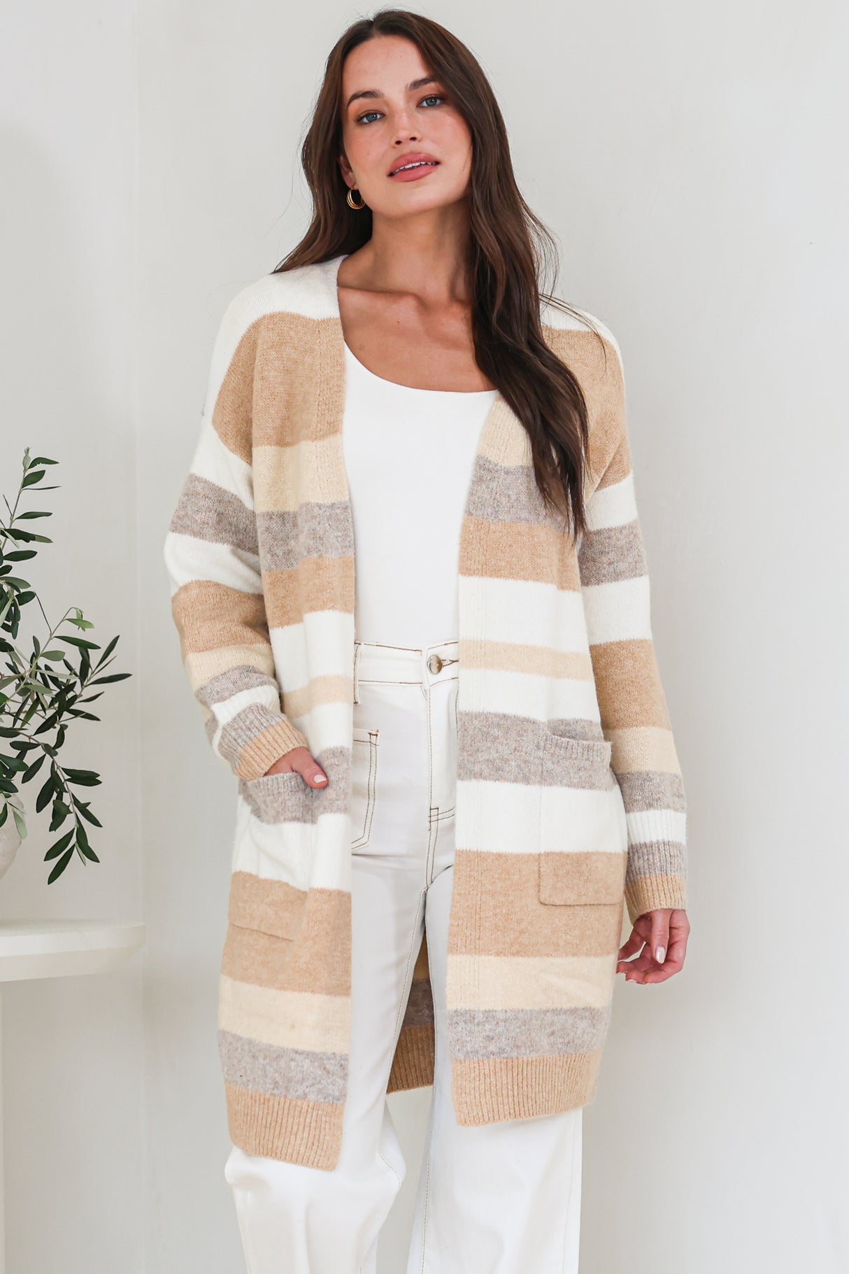 Alfie Cardigan - Open Stripe Knit with Pockets and Rib Knit Trim in Camel