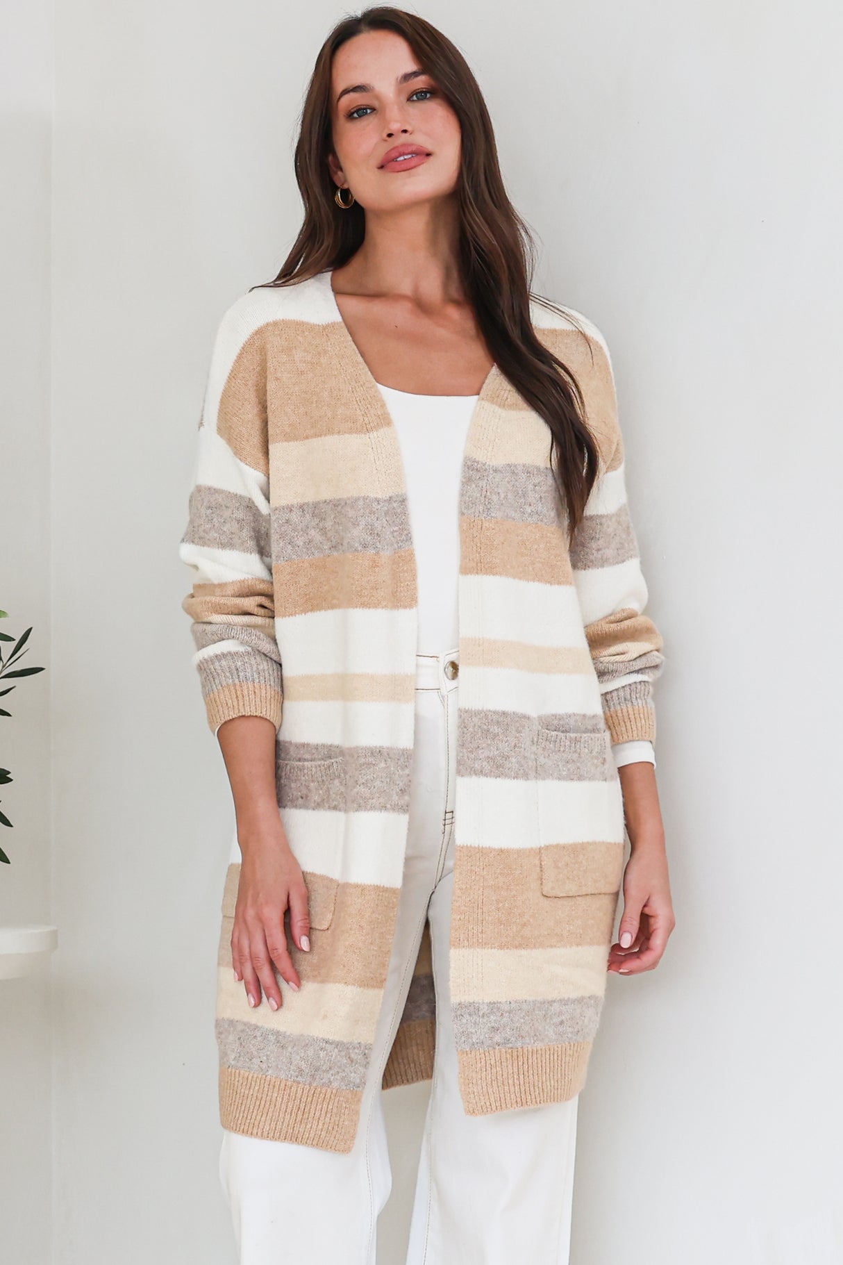 Alfie Cardigan - Open Stripe Knit with Pockets and Rib Knit Trim in Camel