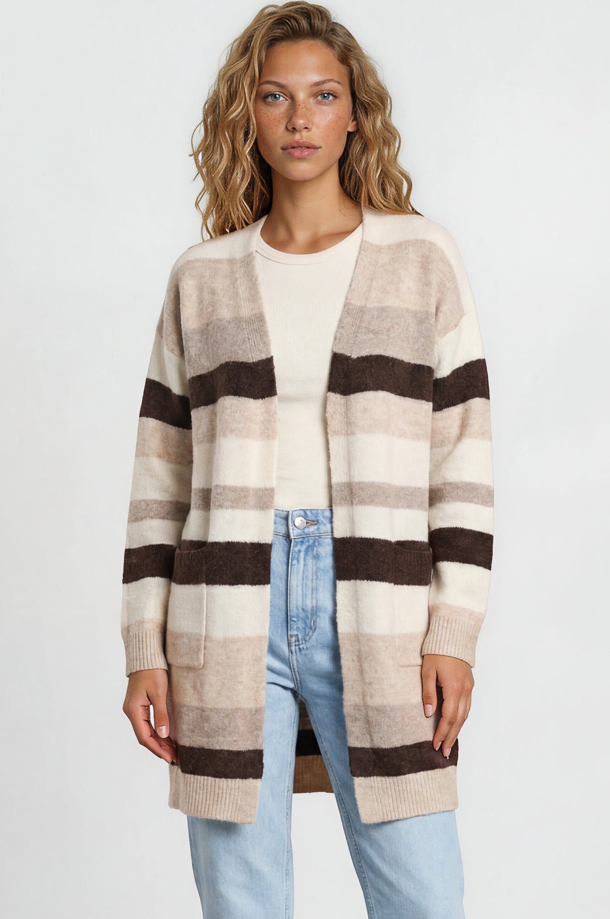 Alfie Cardigan - Open Stripe Knit with Pockets and Rib Knit Trim in Beige