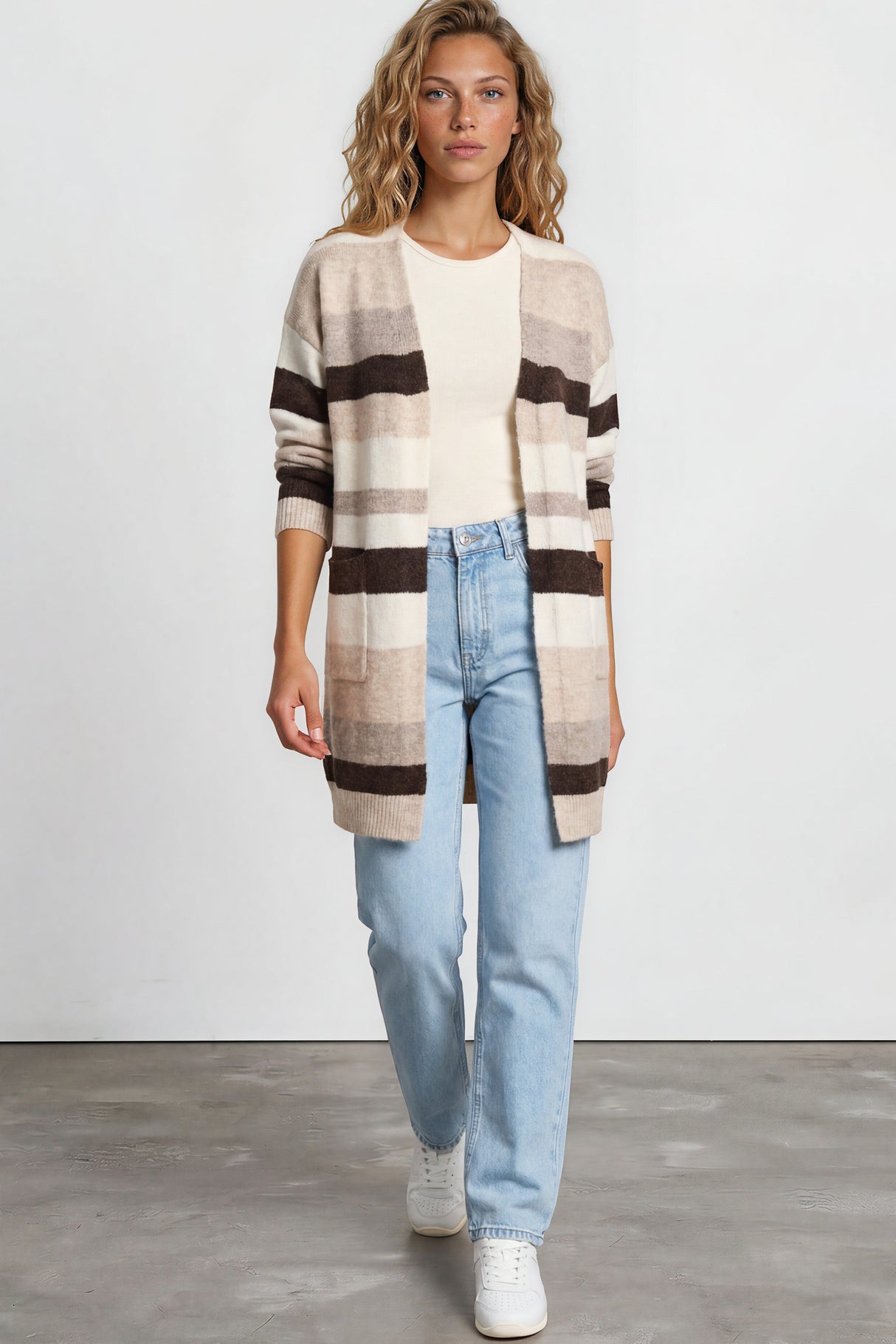 Alfie Cardigan - Open Stripe Knit with Pockets and Rib Knit Trim in Beige