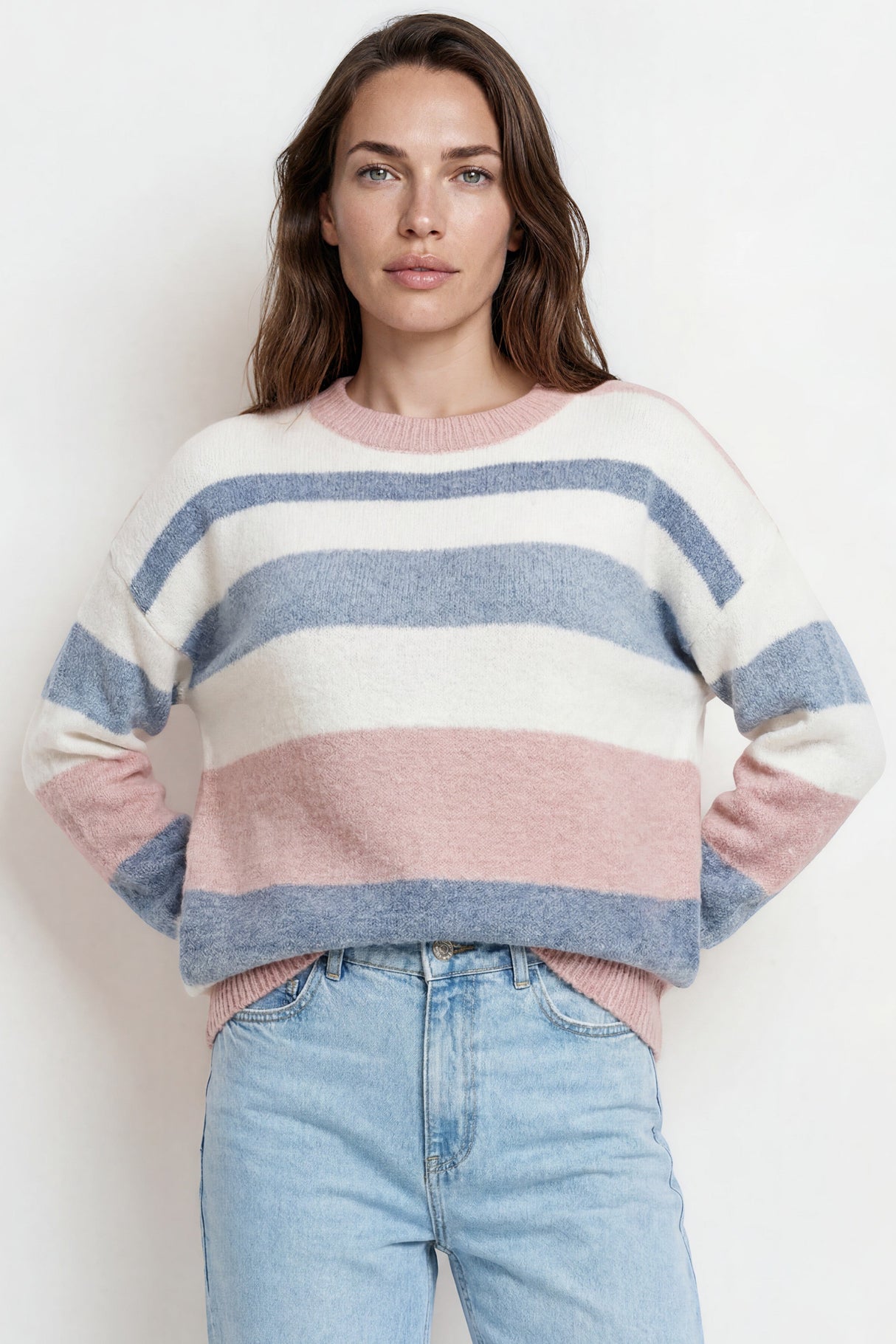 Model wearing Alfie Jumper in Blue from Salty Crush