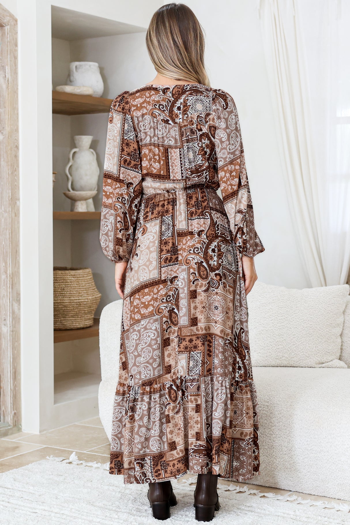 Ali Maxi Dress - V Neck Pull Tie Waist Tiered Dress in Novak Print Chocolate