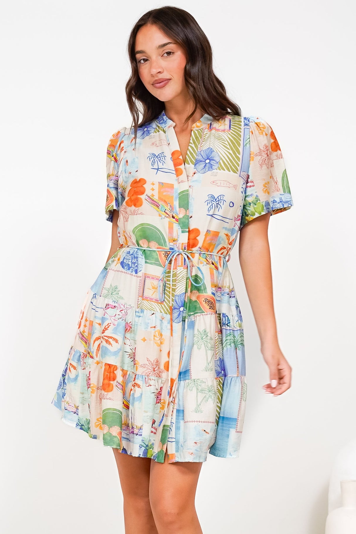Alissa Mini Dress - Mandarin Collar Shirt Dress with Waist Tie in Holiday Print