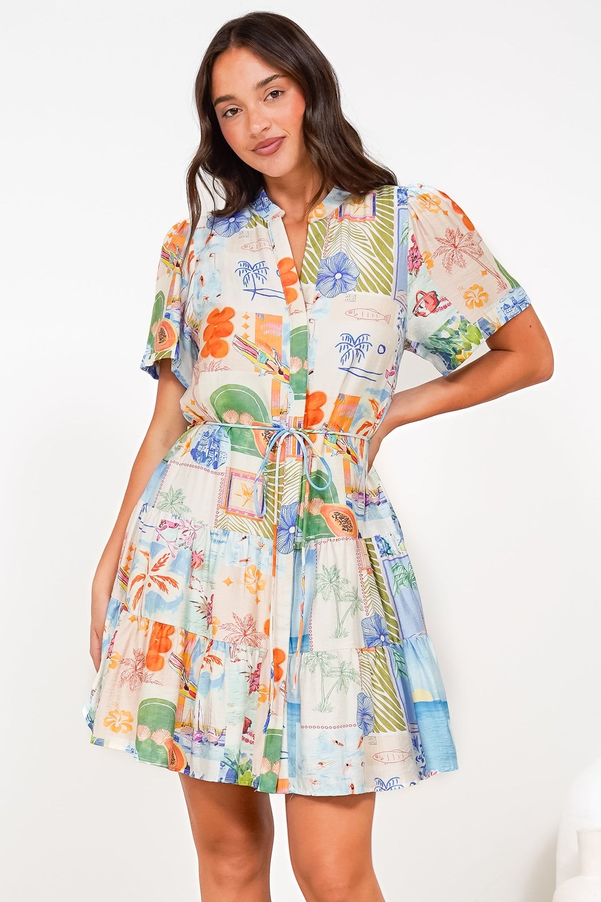 Alissa Mini Dress - Mandarin Collar Shirt Dress with Waist Tie in Holiday Print