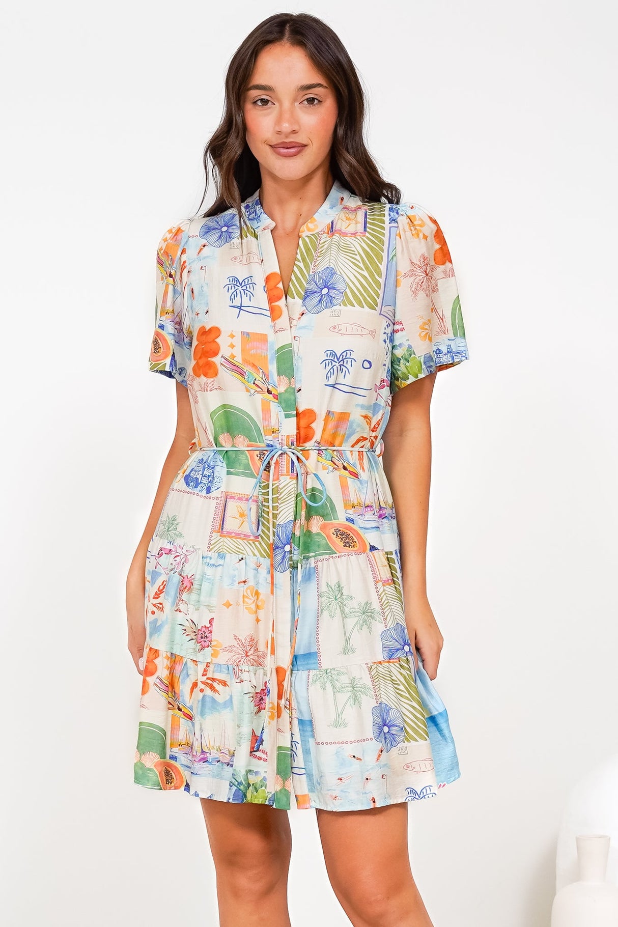 Alissa Mini Dress - Mandarin Collar Shirt Dress with Waist Tie in Holiday Print