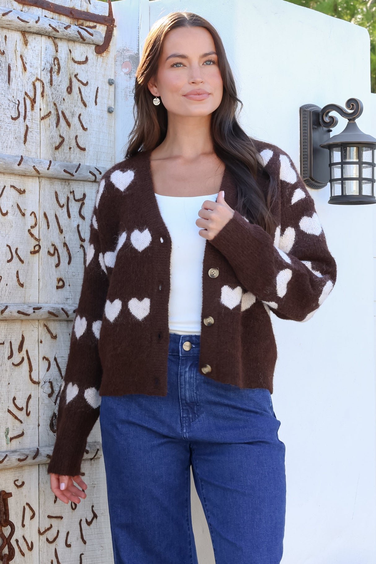 Allaria Cardigan - V-Neck Button Front Heart Motif Knit in Coffee