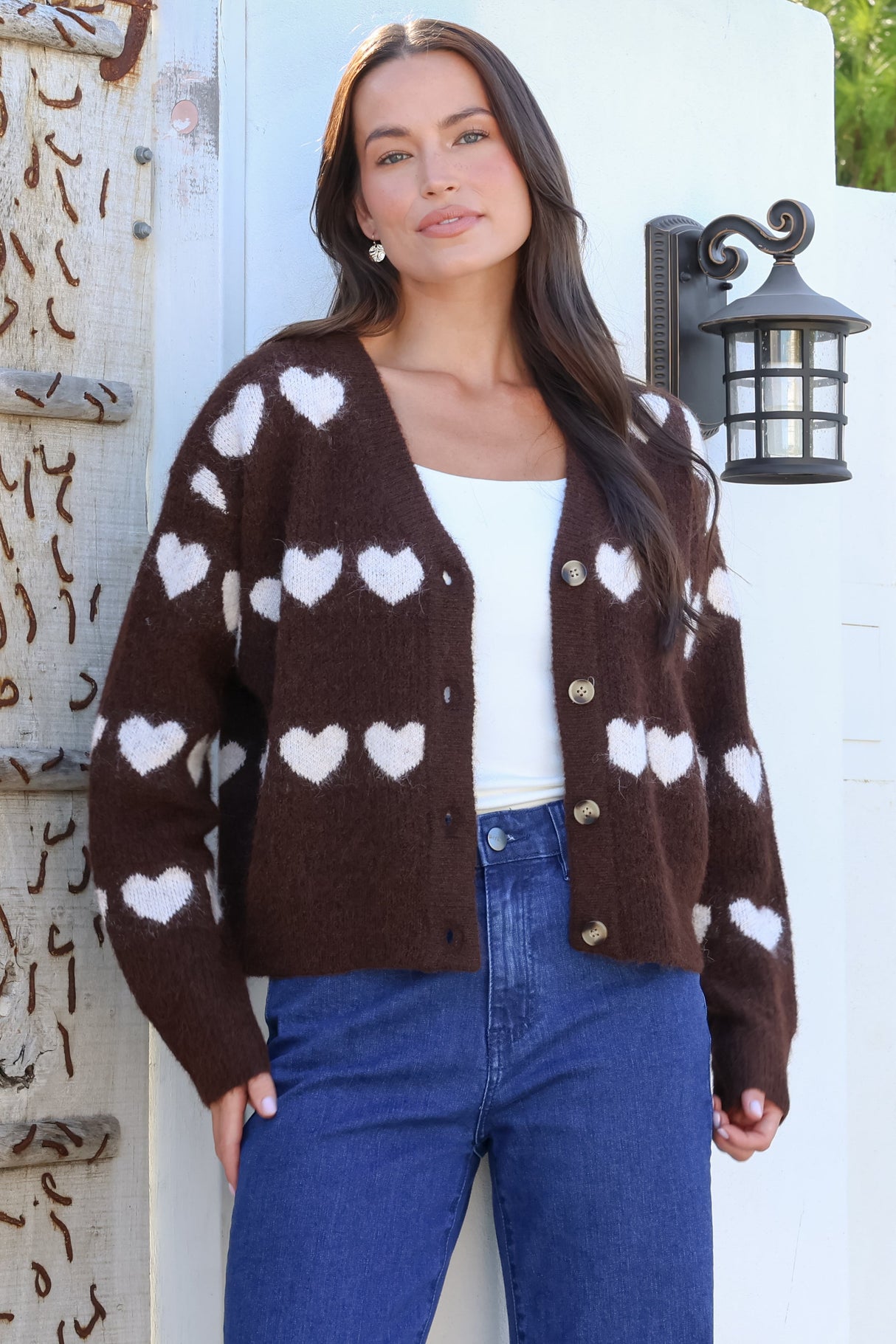 Allaria Cardigan - V-Neck Button Front Heart Motif Knit in Coffee