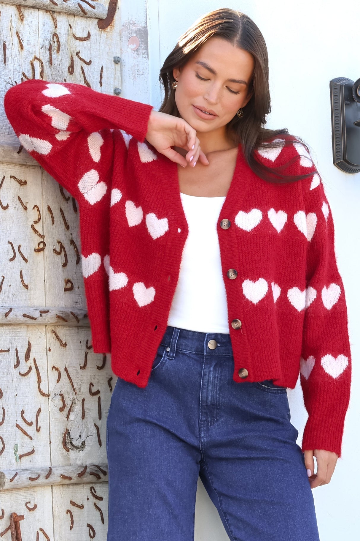 Allaria Cardigan - V-Neck Button Front Heart Motif Knit in Red