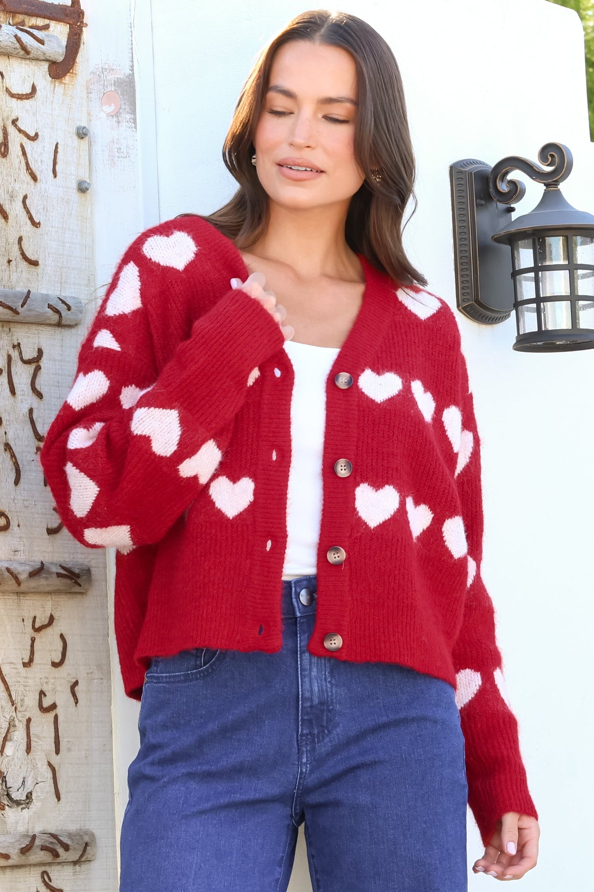 Allaria Cardigan - V-Neck Button Front Heart Motif Knit in Red