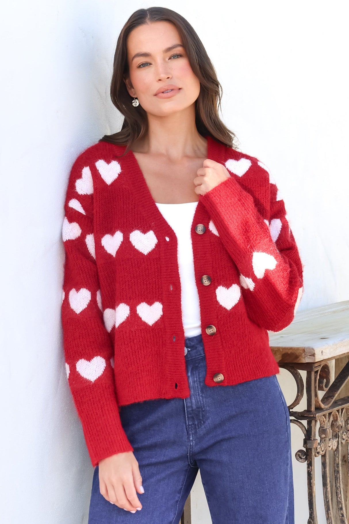 Allaria Cardigan - V-Neck Button Front Heart Motif Knit in Red
