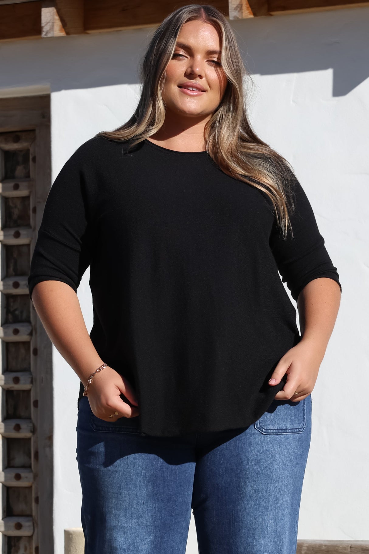 Allegra Knit Top - Crew Neck Curved Hem Box Silhouette Top in Black
